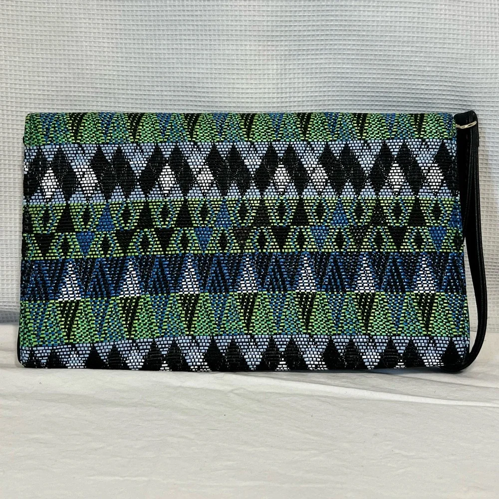 Woven Clutch Bag Wristlet Blue/Green/Black‎ Geometric Abstract Pattern